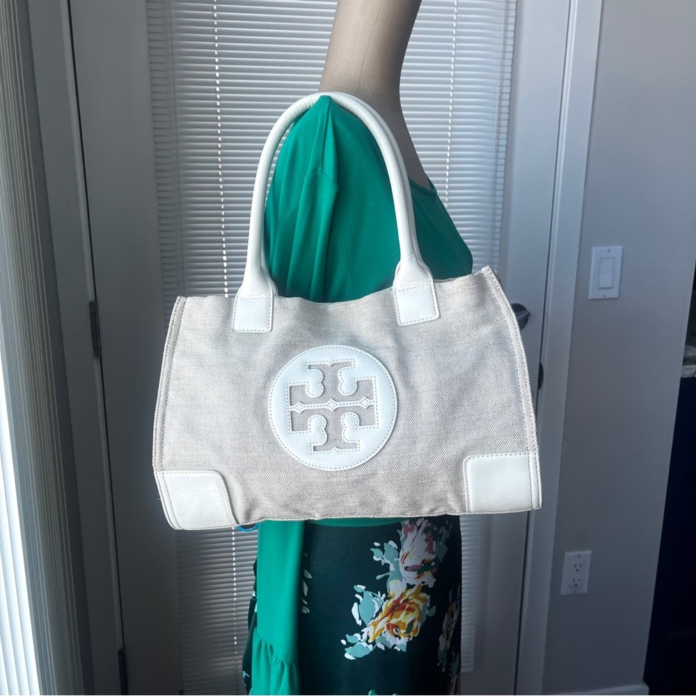 Tory Burch Ella Ivory Canvas Tote Leather Trim - Picture 5 of 11